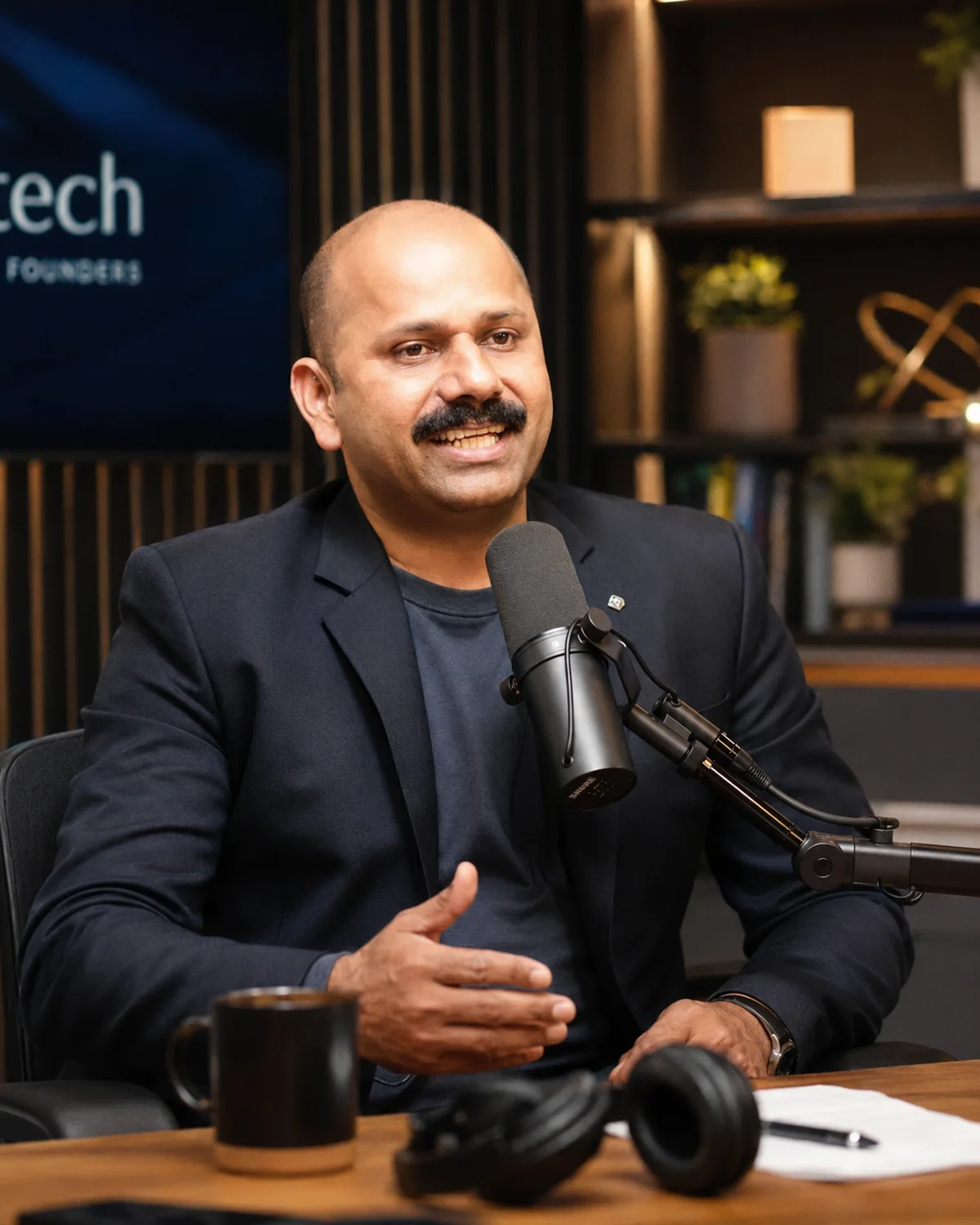 Reji Modiyil speaking into a microphone in a studio setting